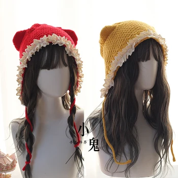 

Japanese Cute Cat Ears Lolita Soft Sister Hat Wool Hat Girls Autumn Winter Kawaii Hat Lace Trim Tied Warm Hat Handmade Headdress