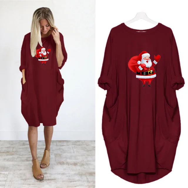 Navidad Women Dress Christmas Pocket Casual Loose Vintage Party Fall Clothes Santa Claus Kawaii Womens  Dresses D002M544 Red
