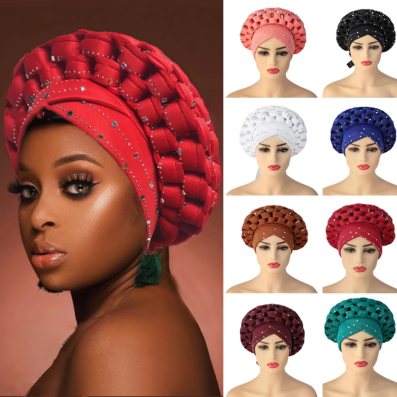 

Африканские женские головные уборы Aso Oke, мусульманский Регулируемый тюрбан с Rhienstone, нигерийский готовый к ношению головной убор