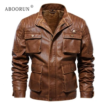 

ABOORUN Men's Winter Leather Jacket Multi Pockets Thick Fleece Leather Jacket Casual Business Leather Coat Plus Size 5XL