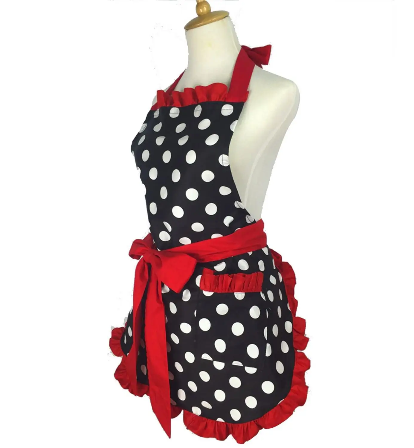 Lovely Stylish Retro Lacy Vintage Flirty Maid Polka Dot Cooking Kitchen aprons for woman Working Adjustable Apron with Pockets