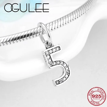 

100% Real 925 Sterling Silver Number 5 Zircon pendants beads Fit Original Pandora Charm Bracelets Bangles Jewelry DIY