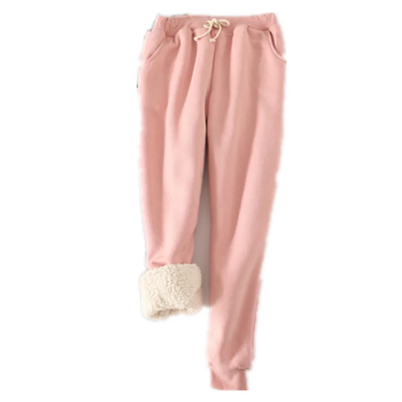 Pink Женские зимние толстые спортивные штаны из овчины, бархатные повседневные теплые длинные брюки, Свободные повседневные штаны от Harlan, черные, большие размеры, женские - Цвет: Pink