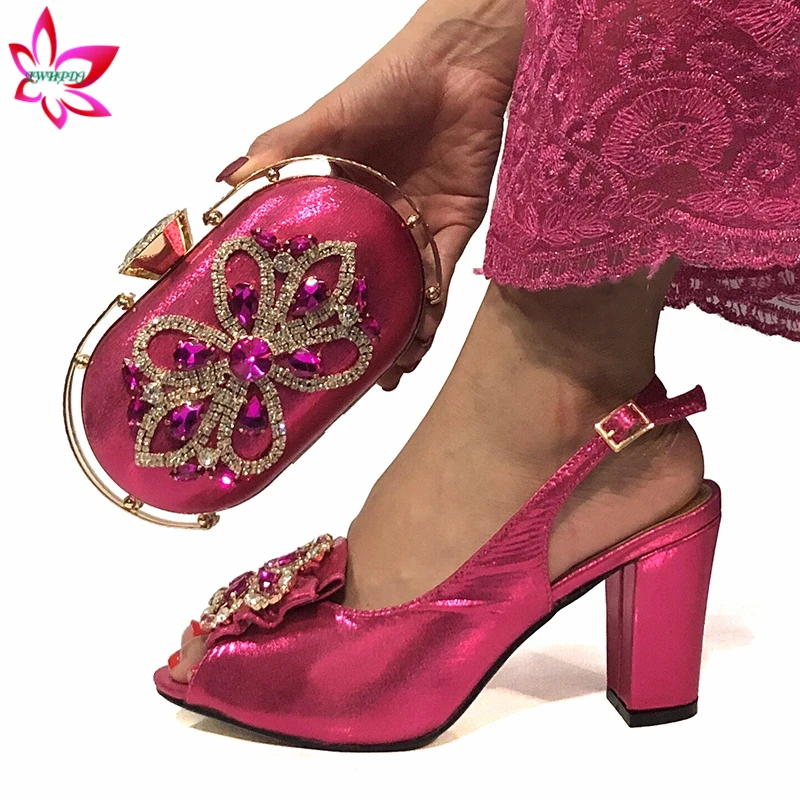 Fashion Women Fuchsia Sandals And Bag Set To Match 9 cm High Quality Nigerian Shoes With Matching Bags For Wedding Party | Обувь