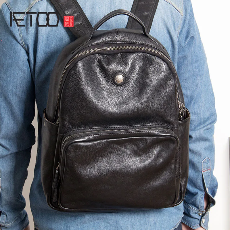 

BJYL Men's leather cowhide shoulder bag, head leather backpack, youth college trend big bag