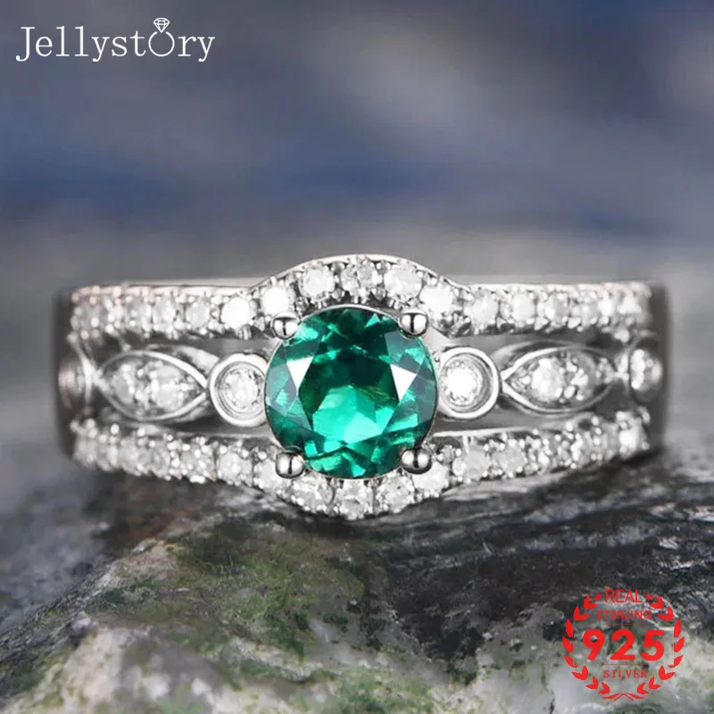 

Jellystory Classic Silver Ring 925 Jewellery with 6*6mm Round shaped Emerald Zircon Gemstones Women ring Wedding Gifts wholesale