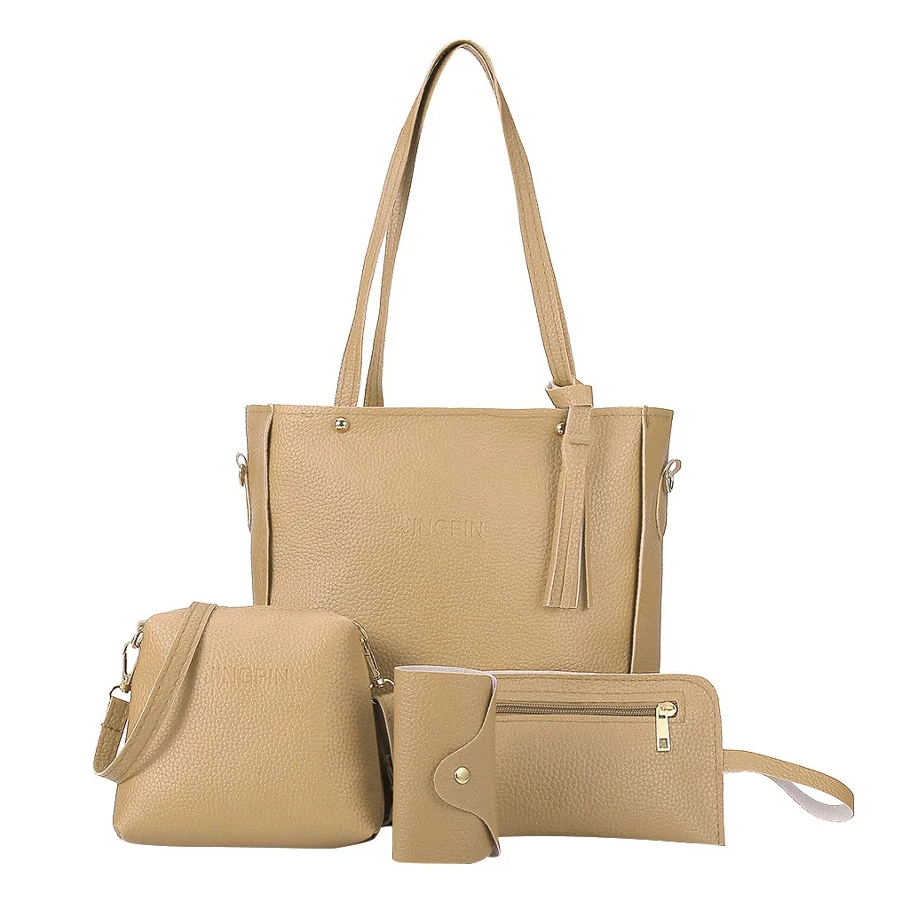 Khaki 4 шт., женская сумка, набор, Модный женский кошелек и сумочка, 9 цветов, четыре части, кожаные сумки на плечо, сумка-тоут, сумка-мессенджер, кошелек для монет, с клапаном - Цвет: Khaki