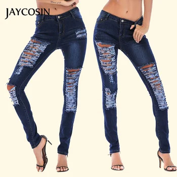 

JAYCOSIN Jeans Woman Plus Size Pocket Hole Denim Button Zipper Trousers Sexy Slim Pants Personality Female Ripped For Women 2020
