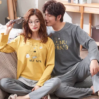 

Couple 's Pajamas Autumn Cotton Long-Sleeved Leisure Tops Korean -Style Women 's Cute Two Piece Suit Men 's Spring and Autumn