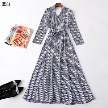 

New 221861 women s spring collar side zipper long sleeve printed super long dress