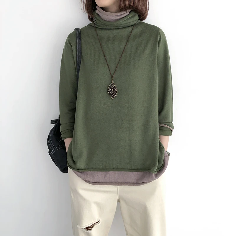 Women Sweater Fake Two Knit Autumn Spring 2019 Vintage Turtleneck Thin Pullover Long Sleeve Casual Loose | Женская одежда