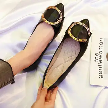 

Fashion Women Shoes Loafers Slip On Flats Lady Shallow Single Shoes Patent Leather Pointed Toe Hairball Large Size Zapatos Mujer