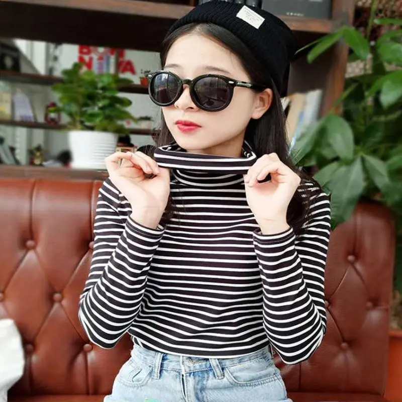 

Women Tshirt 2020 Spring Autumn Turtleneck T-shirts For Women Classic Stirped Female Slim T-shirt Tees