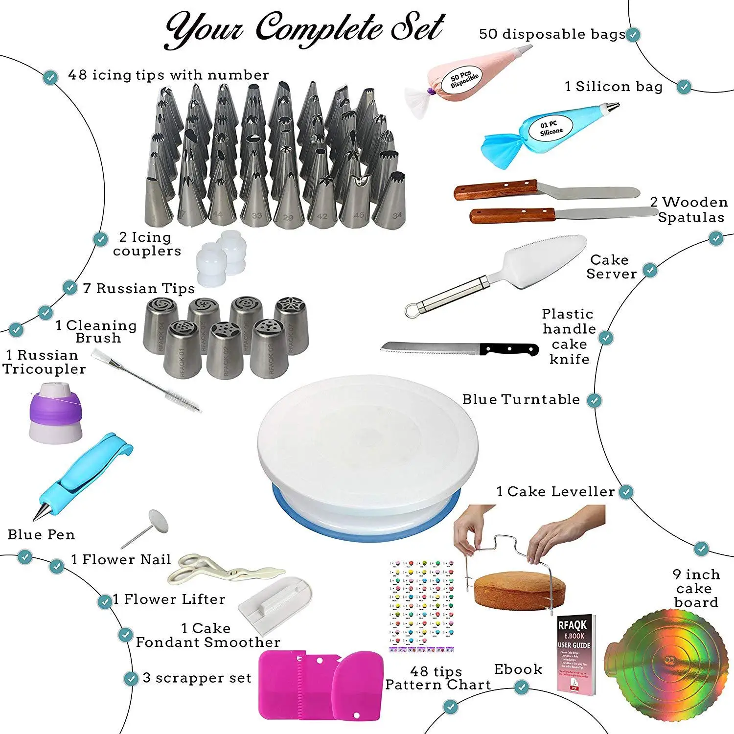  Cake Turntable Stand Set Decorating Tools Icing Tips Pastry Bags Couplers Piping Nozzle Baking Tool