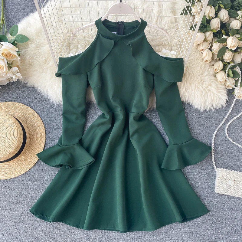 

Autumn Hanging Neck Off-shoulder Ruffle Long-sleeved Trim Slim A-line Dress Women Solid Color Vestidos K557