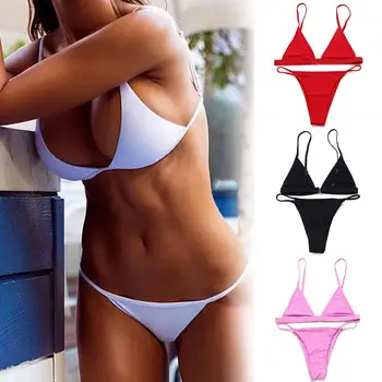 

Sexy Women Solid Color Bra Briefs Triangle Bikini Set Bandage Push-Up Swimsuit 2020 New Bikinis Set