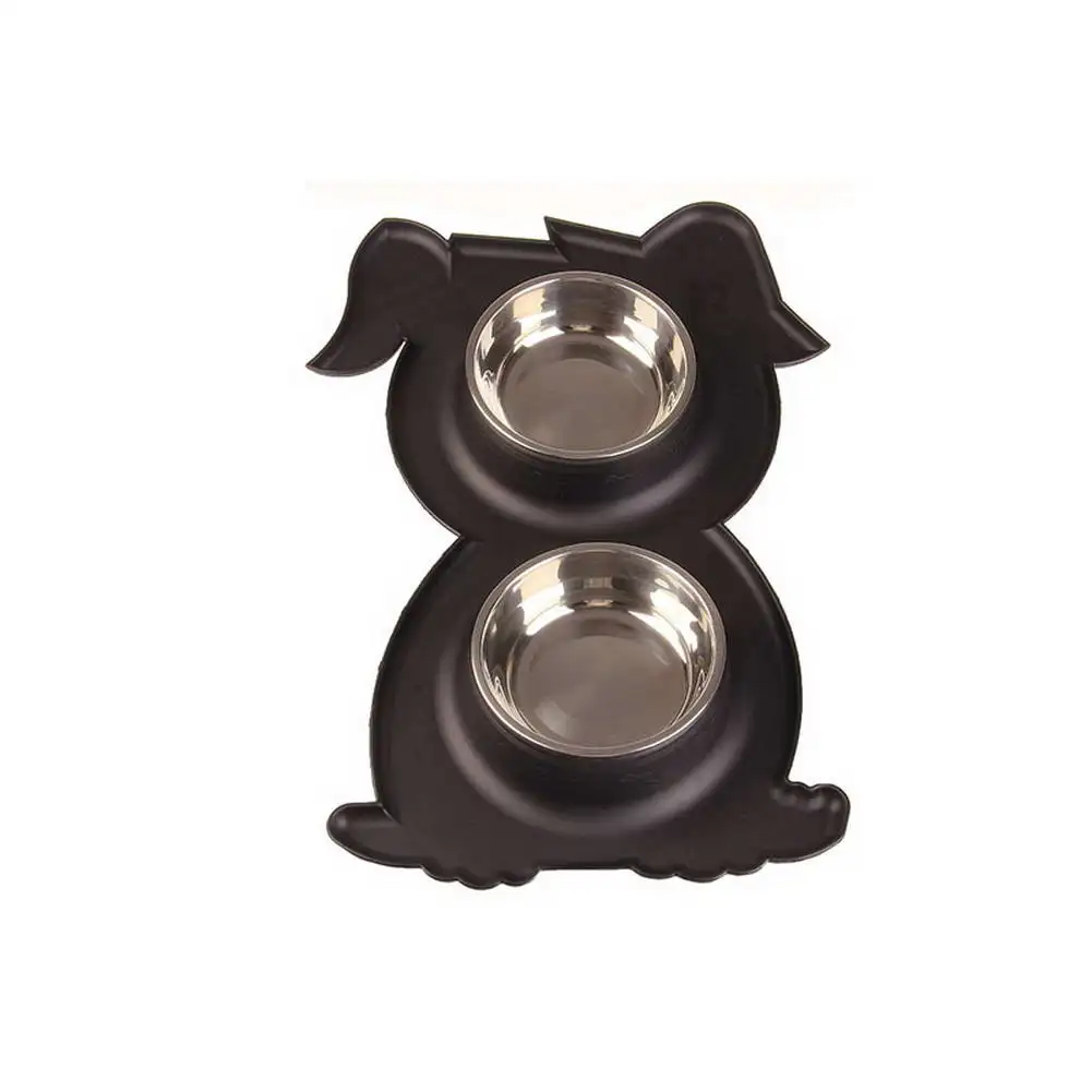Black with bowl Двойные миски питатель для домашних животных из нержавеющей стали миски для воды с нескользящим ковриком DNJ998 - Цвет: Black with bowl