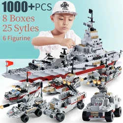 Blocs de construction de navires de guerre, 1000 pièces, ensemble de construction pour garçons, bateau de la marine, avion de l'armée, jouets pour enfants 