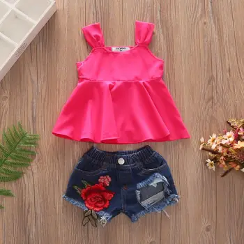 

Baby Girls Clothes Sets Pink dress + Denim Flower applique Pants 2PC Outfits