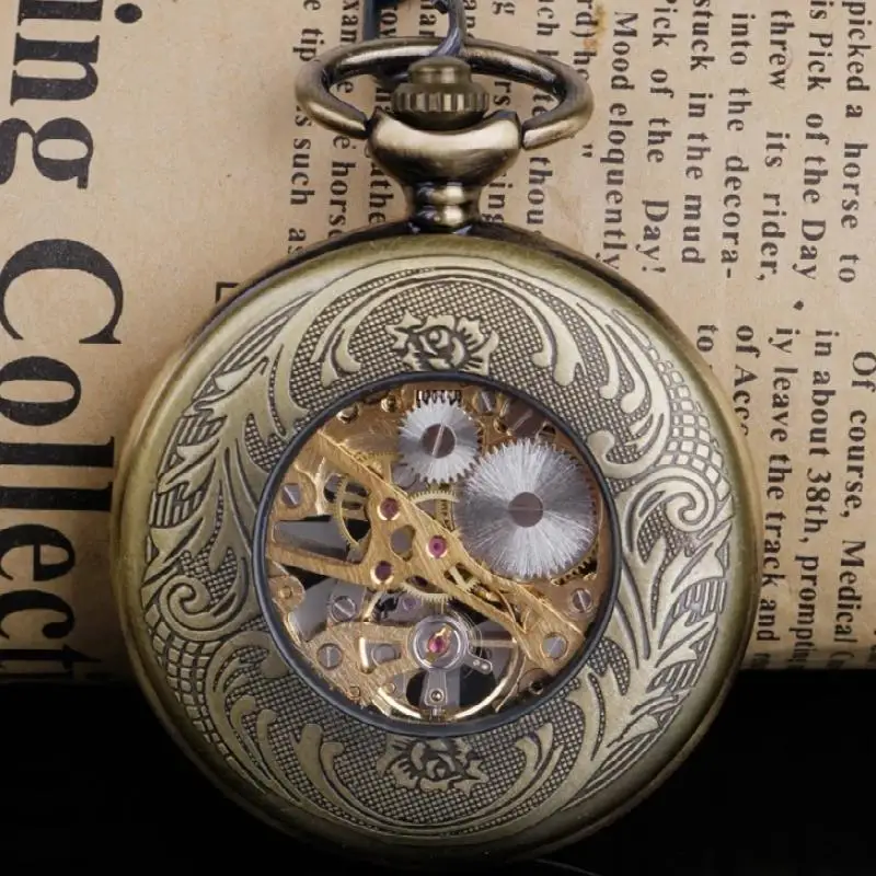 Best Gifts Hand Wind Mechanical Pocket Watch With Fob Chain Mens Hollow Skeleton Dial Bronze Steel Steampunk Watch Relogio