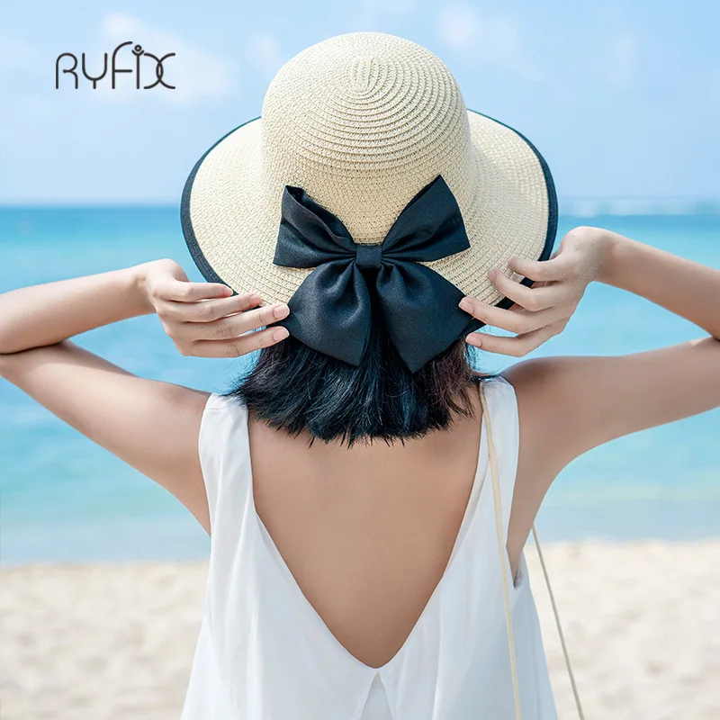 RYFIX Woman Fashion Elegant bow split Sun Hat Beach Anti-UV Protection Straw Cap 2021 New #JX41 | Аксессуары для одежды
