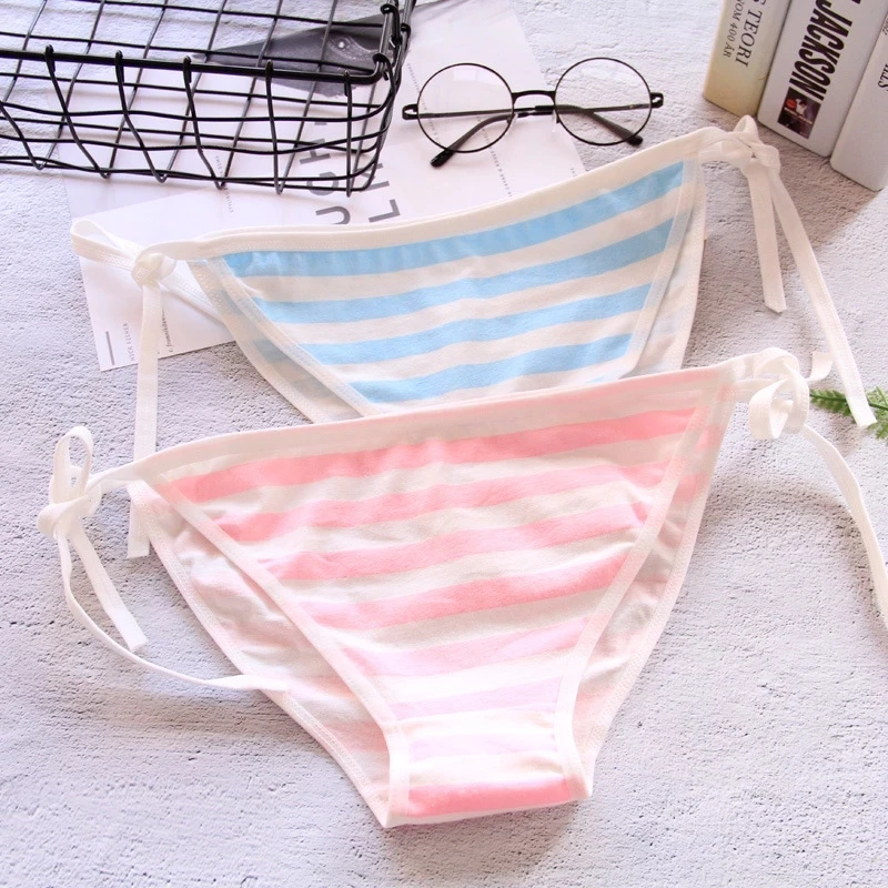 lace panties Anime Women lolita Underwear Panty Lingerie Blue Pink White Striped Bikini Briefs Sexy Cat paw Cosplay Side Strappy Panties female underwear