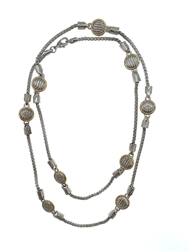 

Hammered Gold Silver Plated Coin Metal Long Necklace With Box Chain Trendy For Women Girls Gift 35 Inch