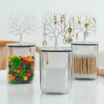 

Desktop storage box with small tree rack transparent cotton swab box for small jewelry storage case