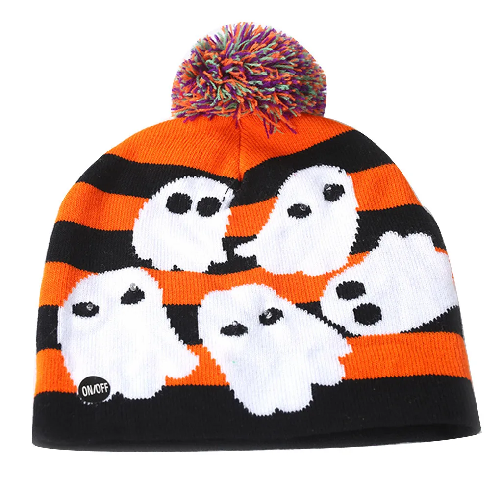 Colorful Halloween Pumpkin LED Light-up Knit Hat Beanie Hairball Warm Cap Gifts Outdoors Bucket Fashion Cute Dropshipping