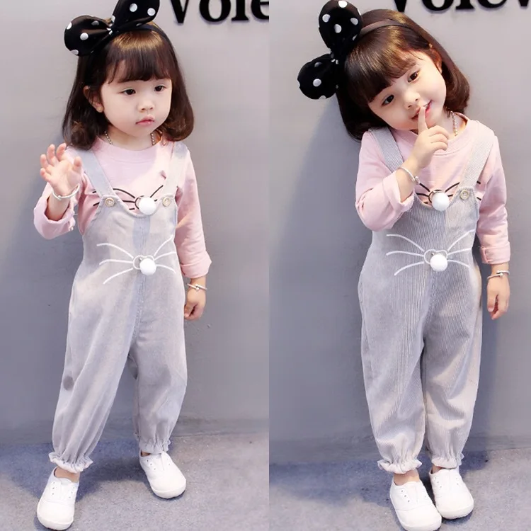 

2020 Infants CHILDREN'S Suit Spring Girls Childrenswear Two-Piece Set 0-4-Year-Old Children Furry Ball Suspender Strap a Ready