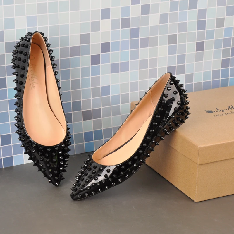 Onlymaker Woman Pointed Toe Rivet Slip On Black Studded Ballet Flat Fashion Elegent  Shoes