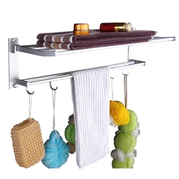 

Storage Easy Mount Foldable Aluminum Practical No Drilling Bathroom Supplies Rack Towel Holder With Hook