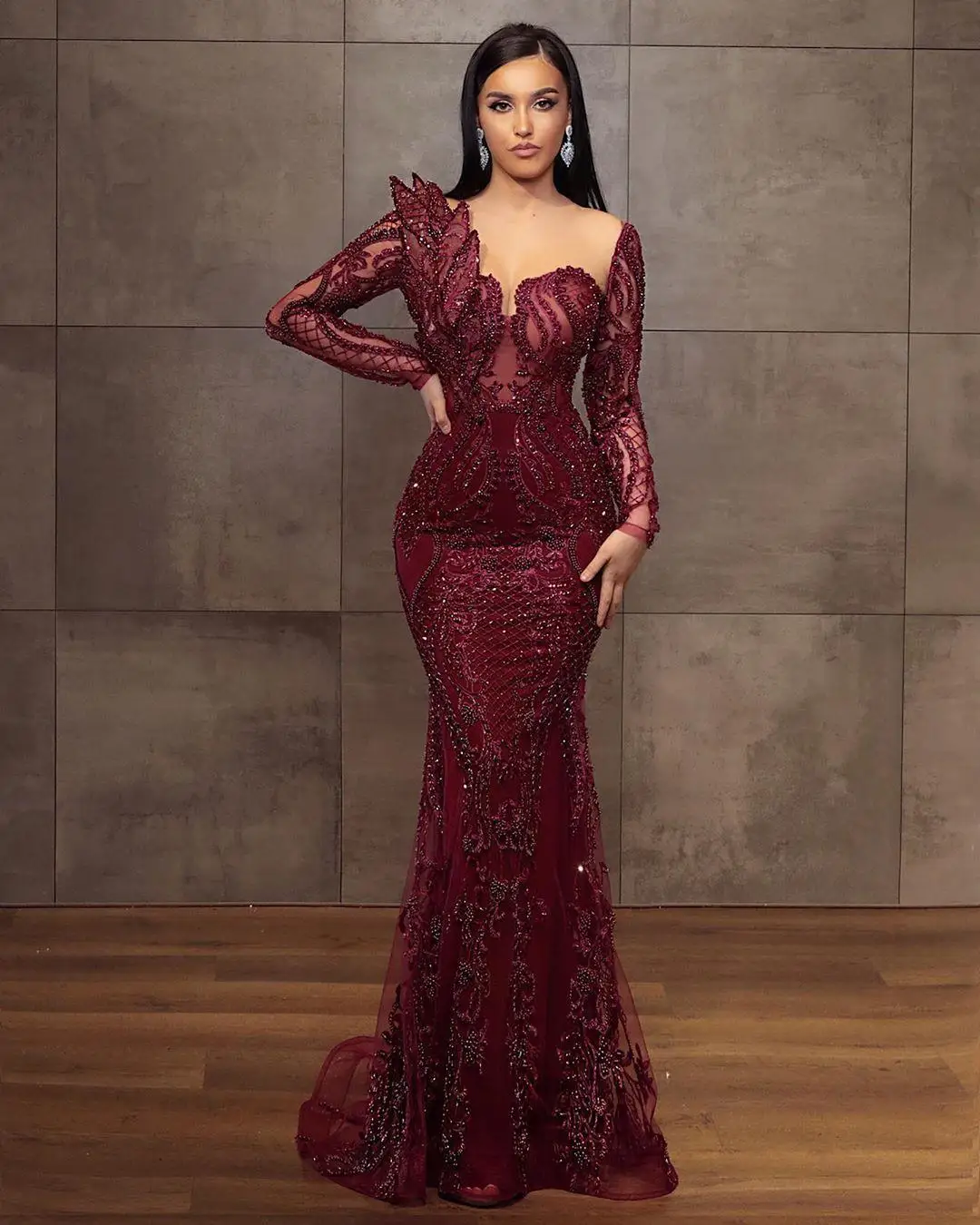 Arabic Aso Ebi Burgundy Lace Beaded 