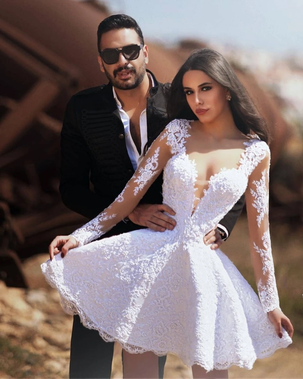 long sleeve lace short wedding dress
