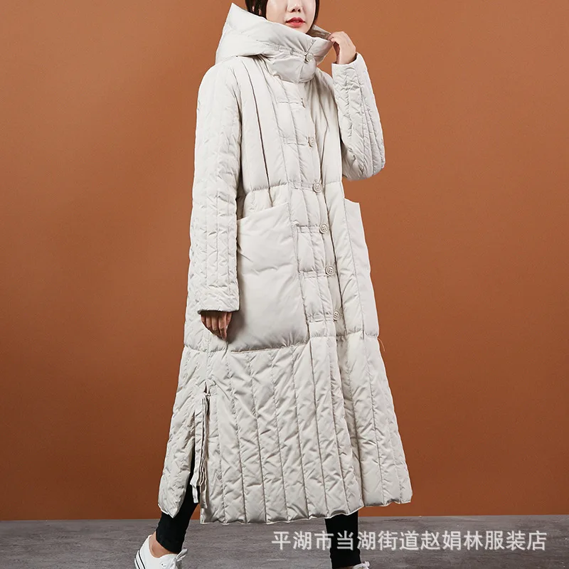 Стиль женский свободный и большой размер художественный длинный пуховик с капюшоном женская куртка пальто