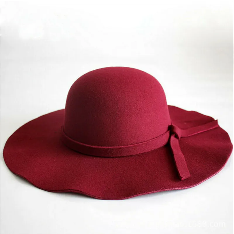 New Vintage Wool Felt Bowler Women Ladies Hat Bow Floppy Wide Brim Ladies Solid Color Beach Hat Sun Cap 6 Colors - Цвет: Многоцветный