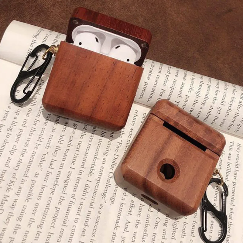 

Wooden Wireless Bluetooth Earphone Protective Case with Keychain Earbuds Protective Cover FOU99