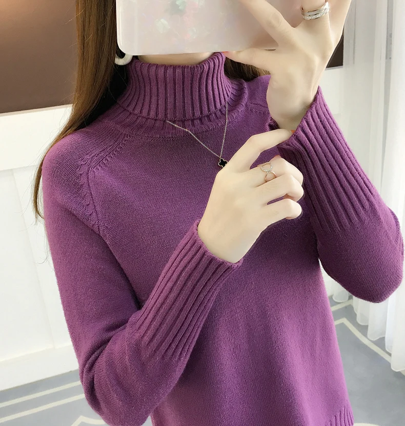 Новинка, осенне-зимний Корейский женский свитер, Однотонный свитер с высоким воротником, плотные свободные однотонные вязаные свитера