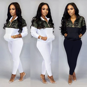 

TWO PIECE SET Camouflage Print Patchwork Female Tracksuit Trousers Sweat Suit 2 Piece Women Pants Sweatsuit Casual Autumn Outfit