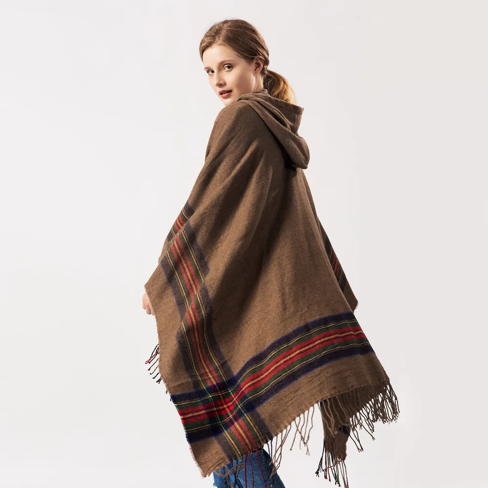 Новая дамская плотная цветная полосатая кашемировая жаккардовая шаль может носить теплый длинный модный плащ с капюшоном 130*150 см