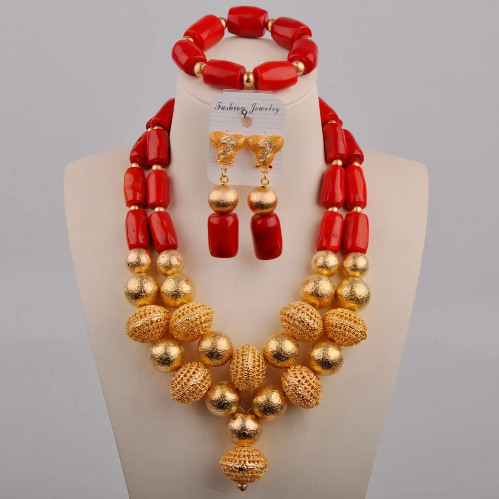 Tanio Ślub nigeryjski koraliki afrykańskie kobiety zestaw biżuterii czerwony/biały/pomarańczowy prawdziwy sklep