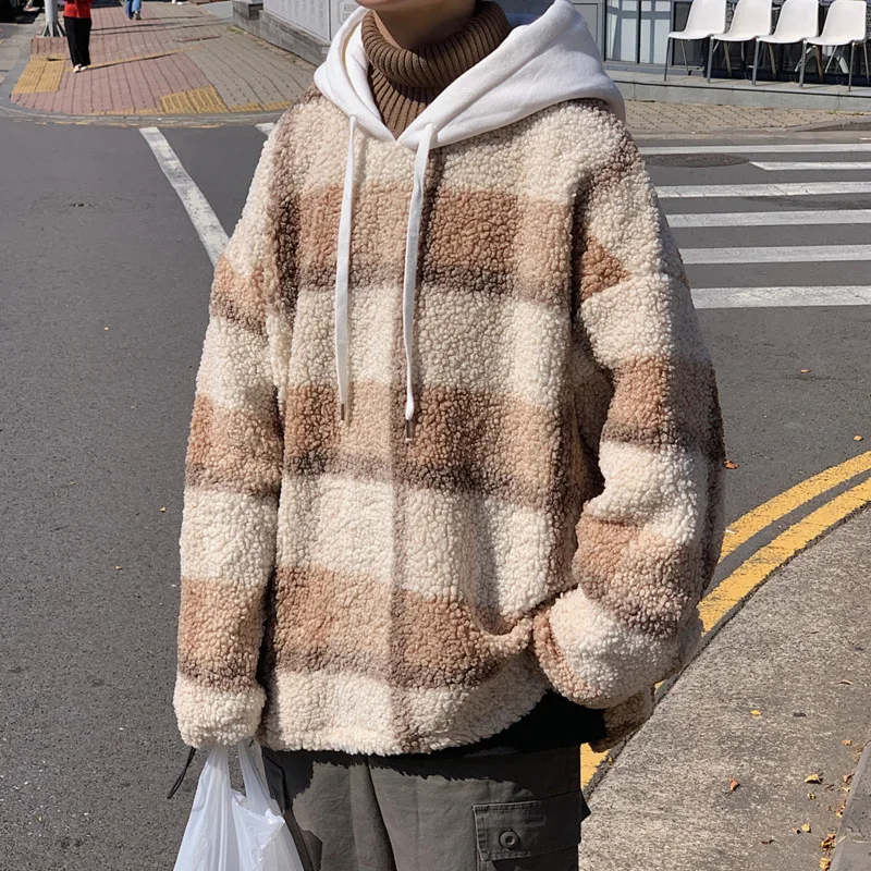 

Winter Thick Lamb Lamb Hoodies Men's Fashion Casual Plaid Hoodie Men Streetwear Wild Loose Hip Hop Hooded Sweatshirt Mens Hoody
