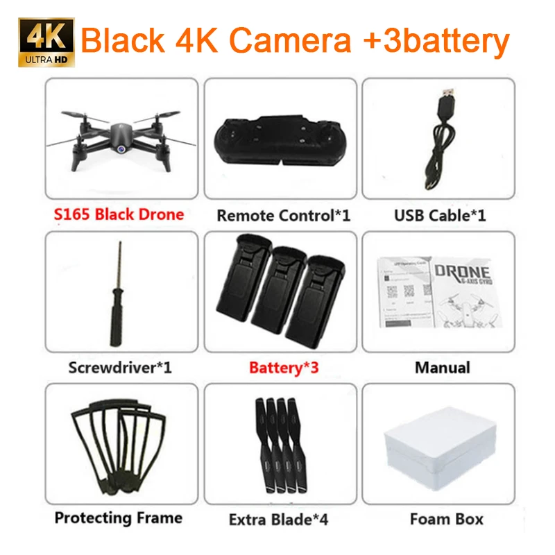 black 4K battery 3 4K Drone S165 оптическое позиционирование потока двойная камера интеллектуальное следование RC вертолет HD Антенна Квадрокоптер с камерой 1080p Дрон 4k - Цвет: black 4K battery 3