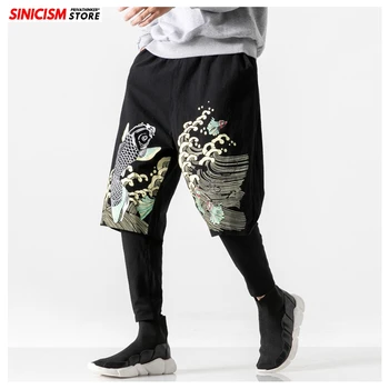 

Sinicism Store Men Chinese Style Fake Two Pieces Pants Mens 2020 Print Loose Trousers Male Loose Oversize Cotton Linen Sweatpant