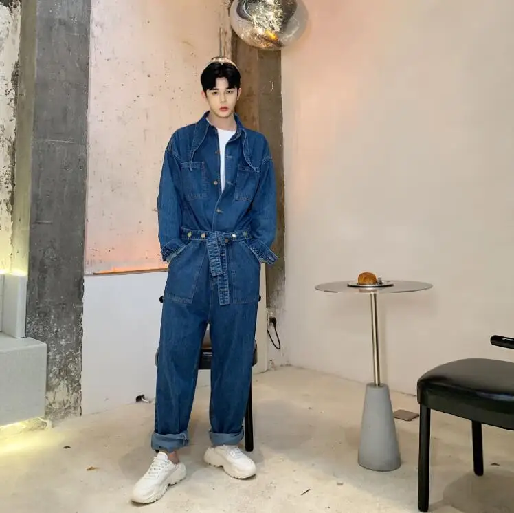 SHENGYUJIN M~ 2XL! Мужской салон оснастки комбинезон свободный большой размер комбинезон тонкий длинный рукав один кусок галстук джинсы набор для мужчин