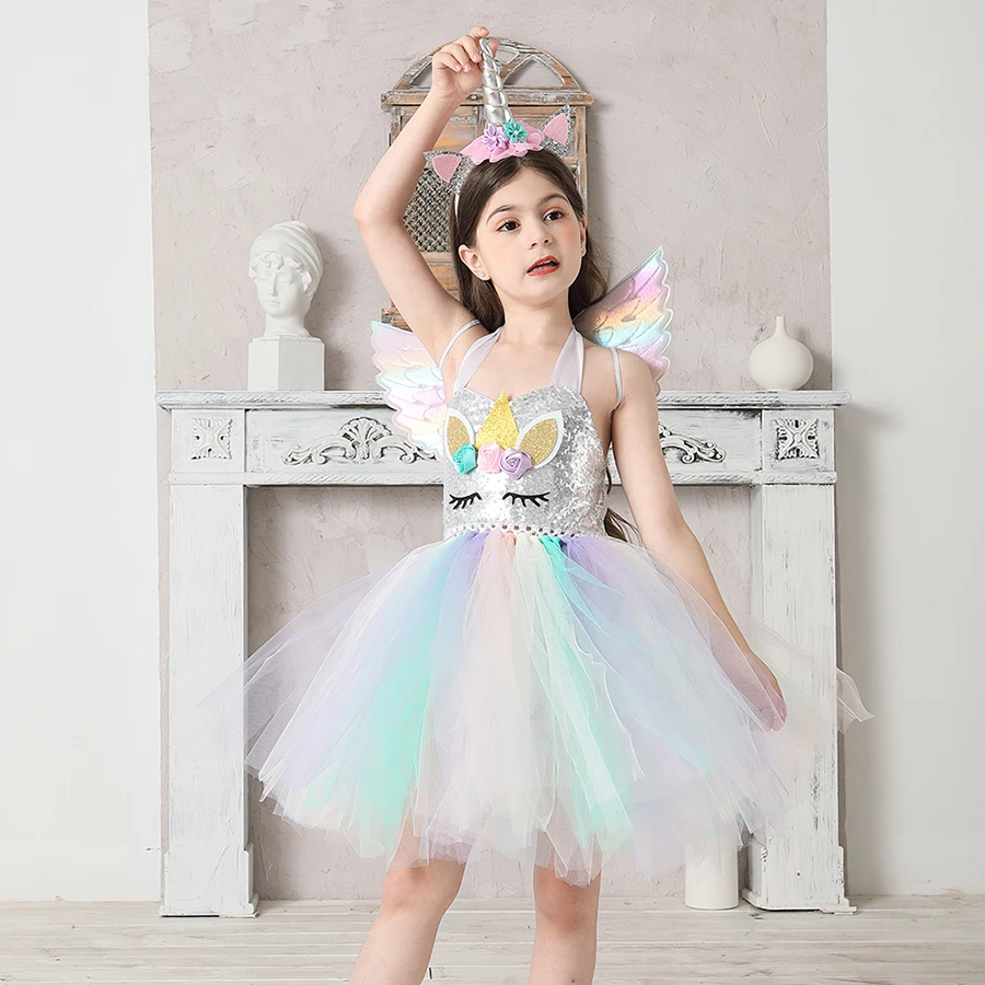 Sequin Unicorn Flower Girls Tutu Dress Pastel Rainbow Pony Dress Kids Halloween Birthday Party Carnival Costume Unicorn Outfit (5)