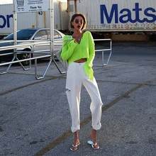 FINEWORDS, корейские сексуальные рваные джинсы с большими дырами для женщин, свободные шаровары, Джинсы бойфренда, уличная одежда, высокая талия, широкие штанины, джинсовые штаны