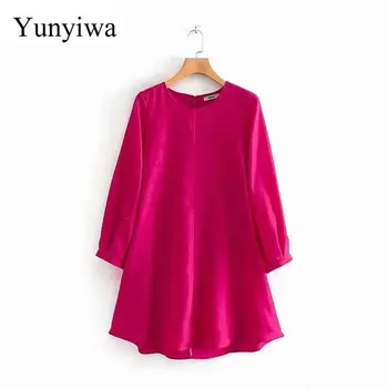 

New Women Fashion O Neck Solid Color Bow Sashes Mini Dress Ladies Chic Simply Lantern Sleeve Irregular Hem Casual Dresses