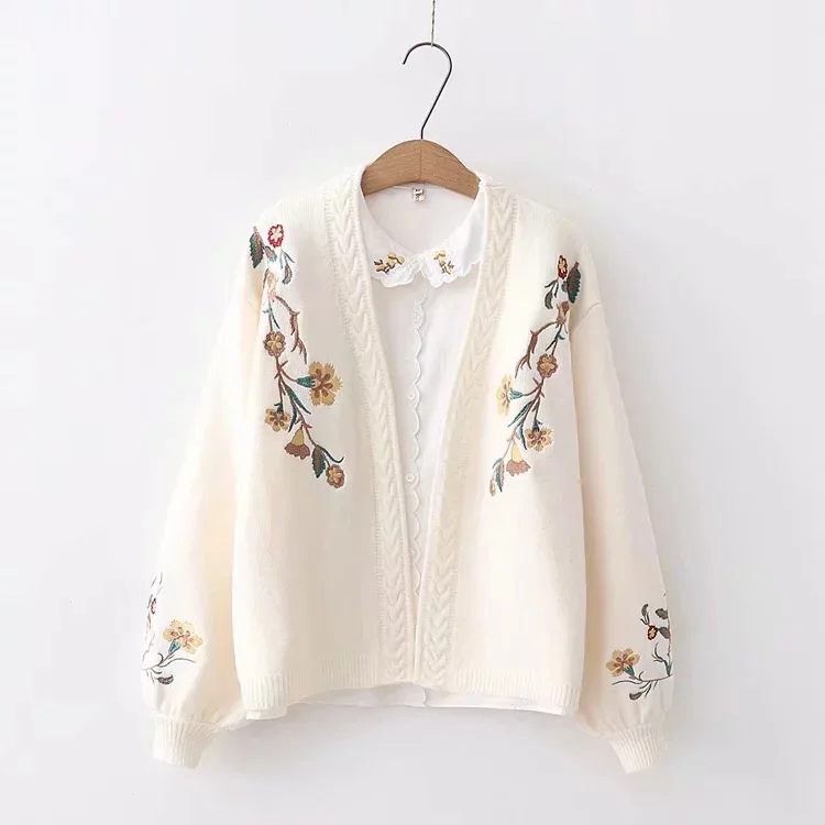 Autumn Winter Chic Flowers Embroidery Cardigan Women Casual Sweet Solid Lantern Sleeve Female Vestido Sweater For Ladies Z147