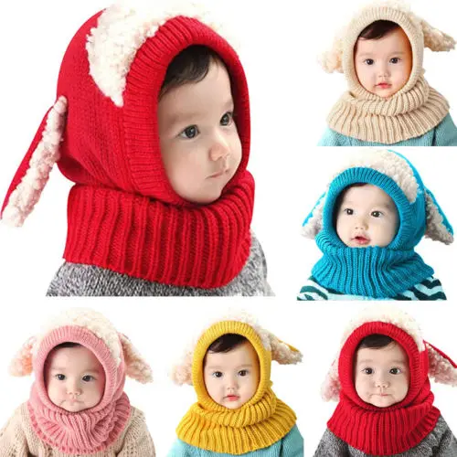 

New Autumn Winter Warm Cute Baby Knit Beanie Sheep Hat Cotton Cartoon Scarf Earflap Knitted Cloaks Woollen Caps